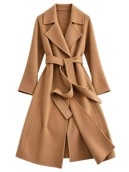 A camel brown wool coat with a matching waist tie belt, displayed on a clean white background.