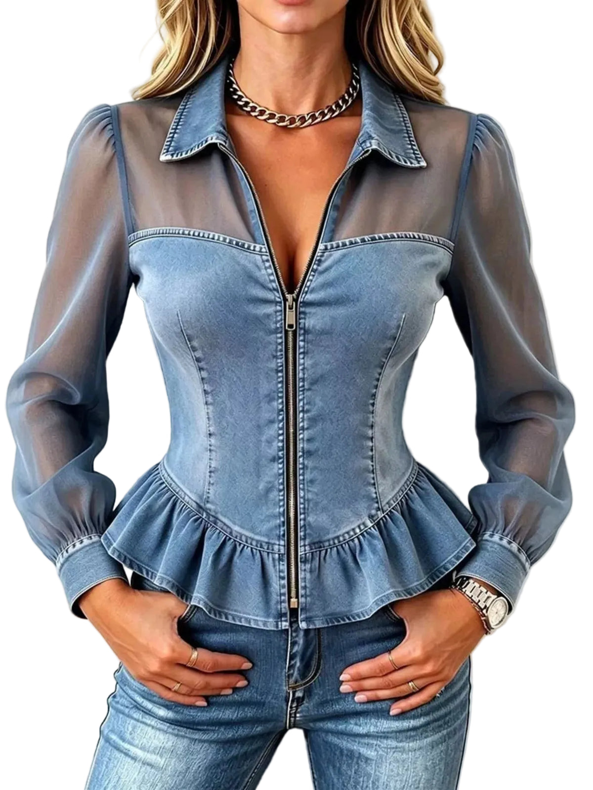 A woman wearing a light blue denim long-sleeve blouse with sheer mesh sleeves, a front zipper, and a peplum hem, paired with blue jeans against a plain white background.