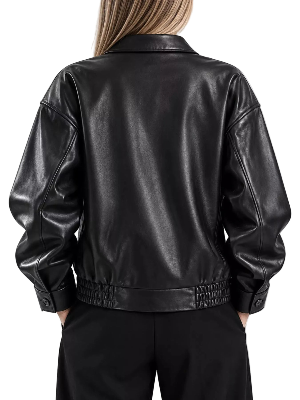 A person shown from the back wearing a black faux-leather jacket with a smooth finish, gathered elastic waistband, and buttoned cuffs, paired with black pants against a light gray studio background.