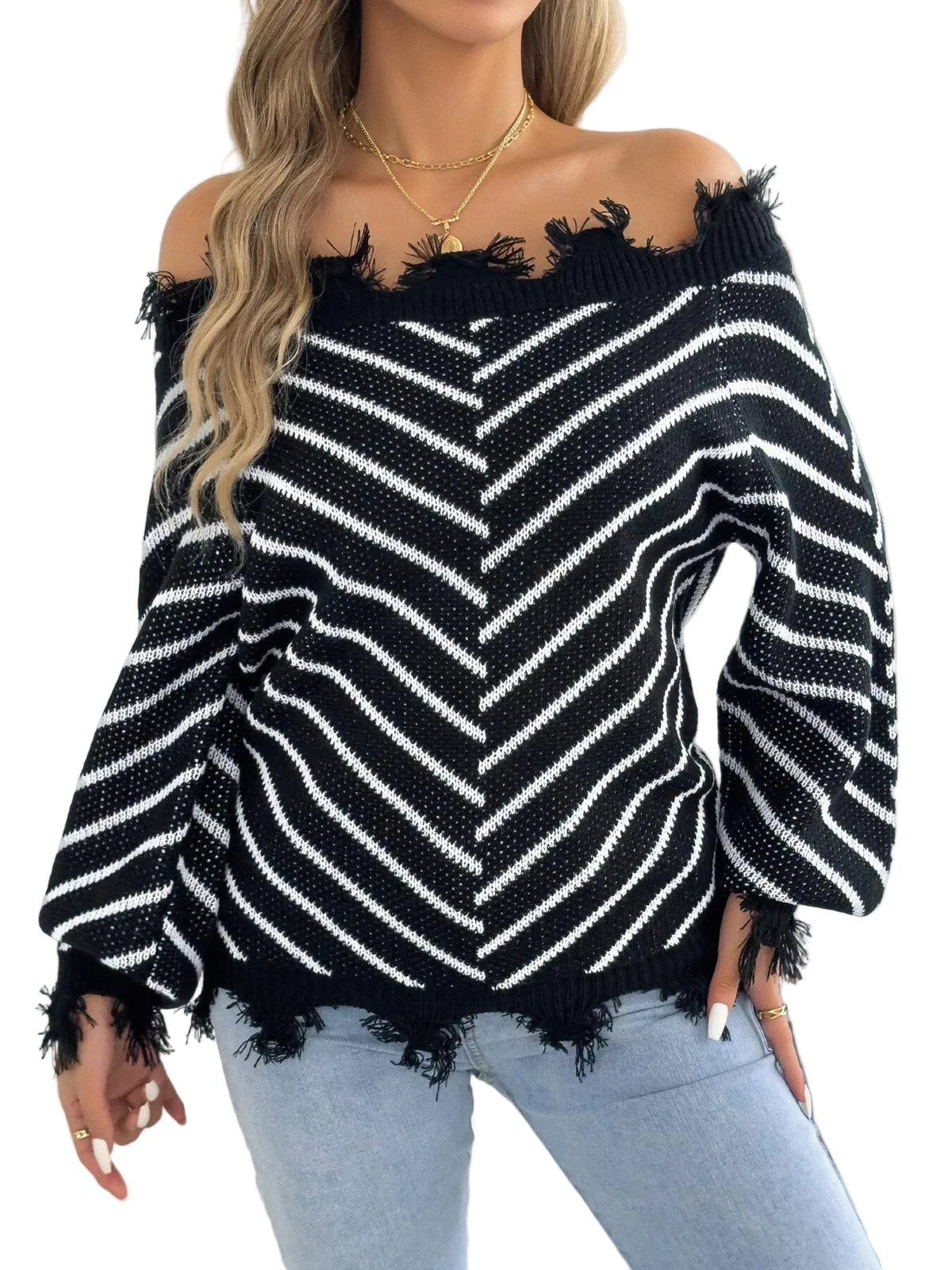 Off-Shoulder Distressed Striped Sweater