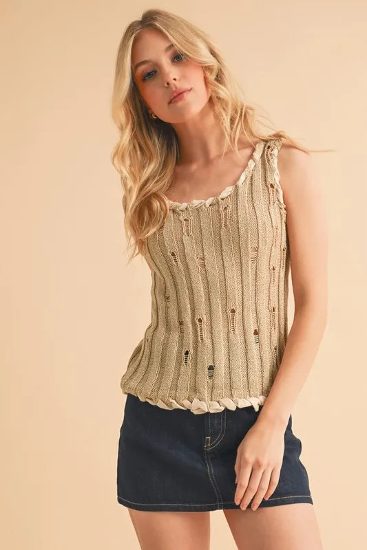 Distressed Detail Round Neck Knit Tank.