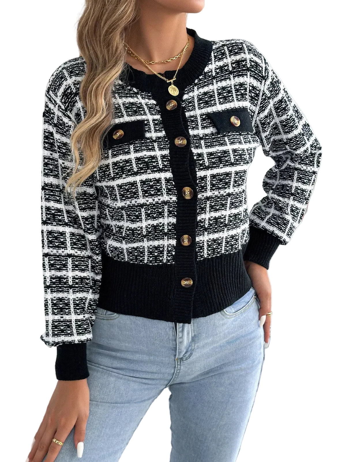 Plaid Tweed-Style Knit Cardigan