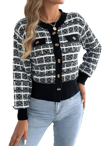 Plaid Tweed-Style Knit Cardigan