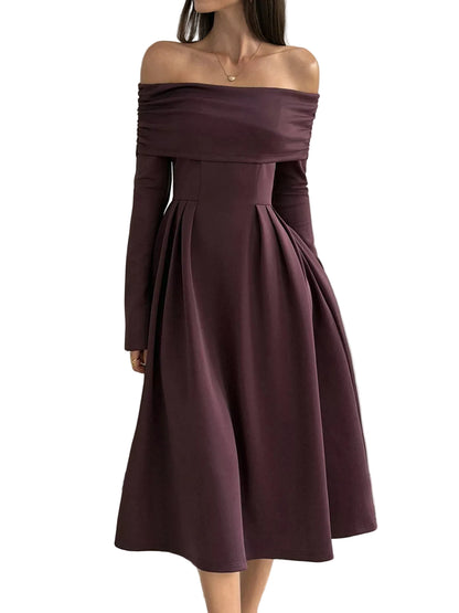 Off-Shoulder Long Sleeve Midi Dress