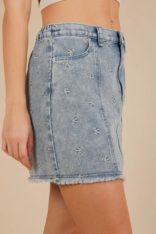 Bow Printed Casual Denim Mini Skirt.