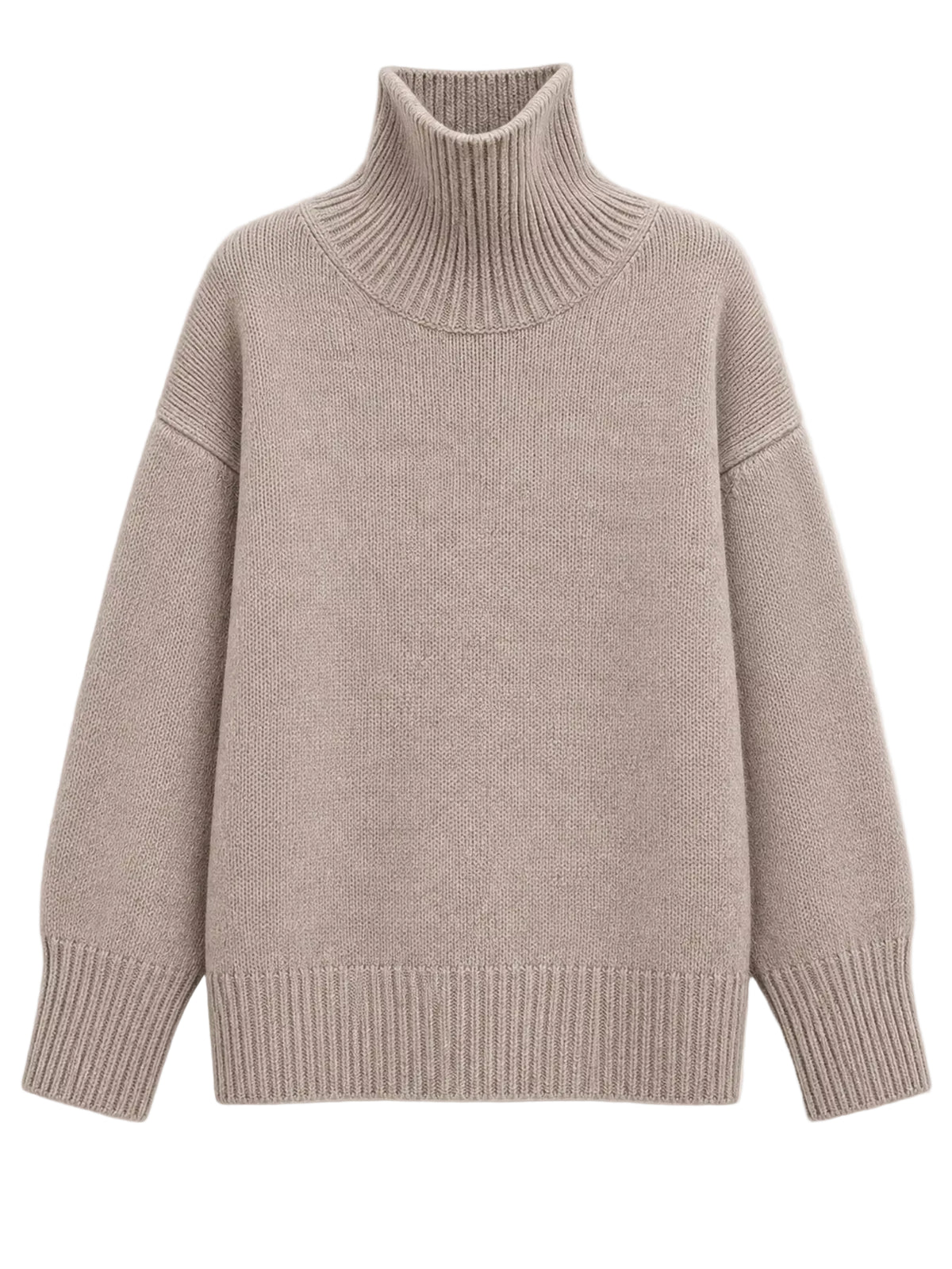 A light taupe knit turtleneck sweater with ribbed collar, cuffs, and hem, displayed on a clean off-white background.