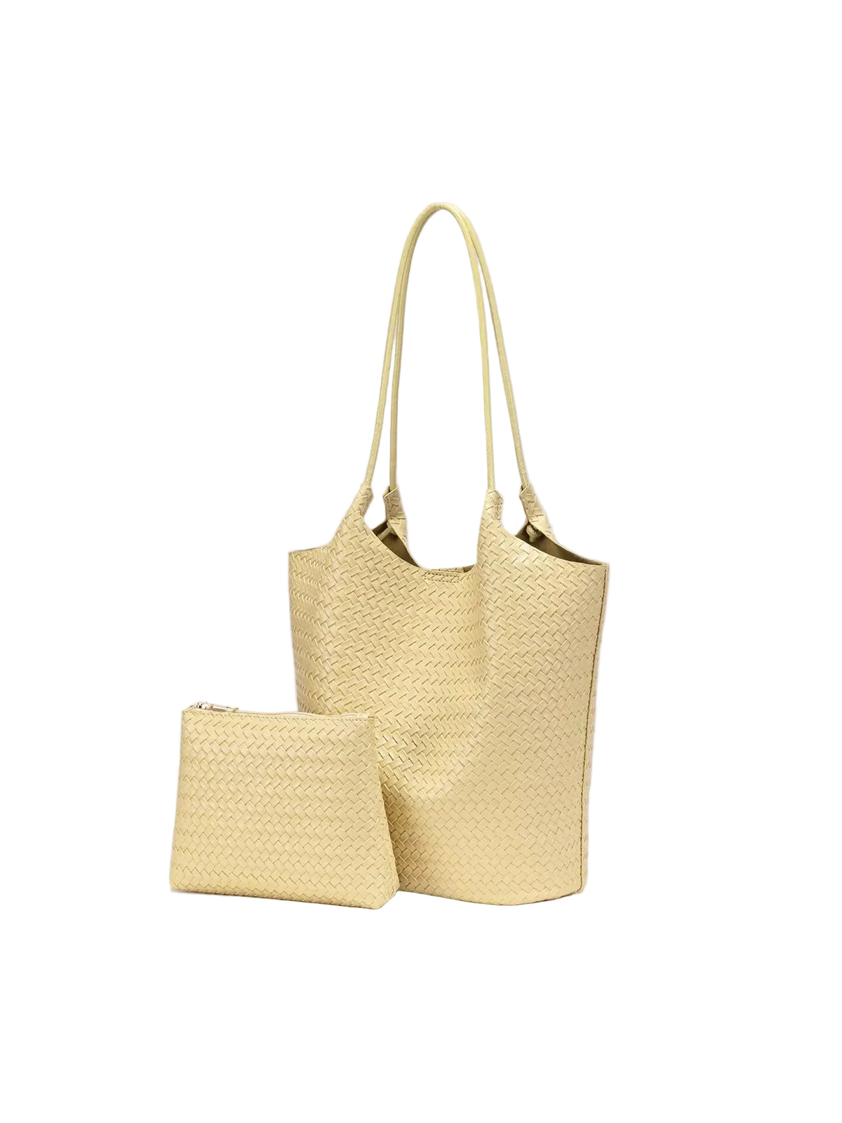 A light yellow woven tote bag with matching shoulder straps and a matching zippered pouch, displayed on a solid light gray background.