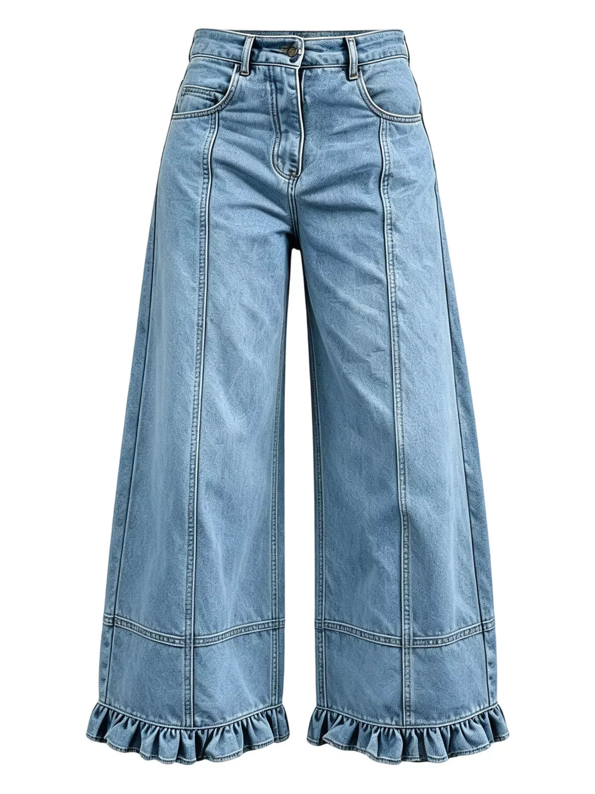 Light blue wide-leg denim jeans with a ruffled hem, shown against a plain white background.