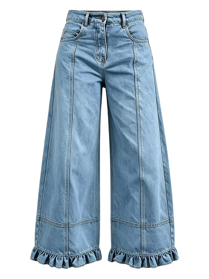 Light blue wide-leg denim jeans with a ruffled hem, shown against a plain white background.
