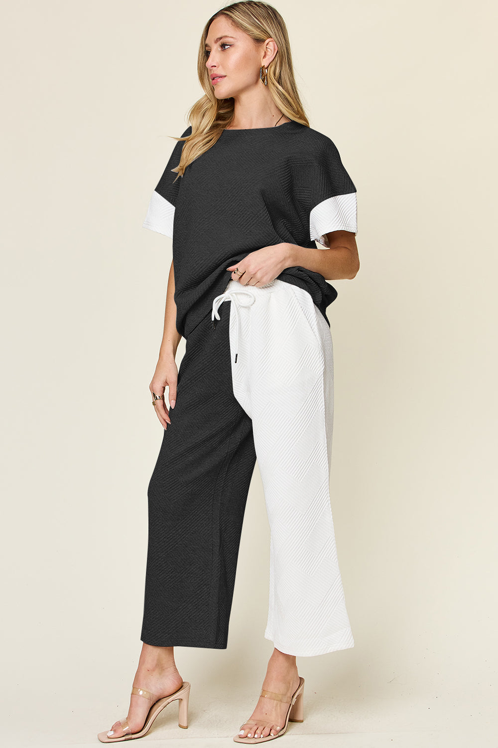 Double Take Full Size Texture Contrast T-Shirt and Wide Leg Pants Set