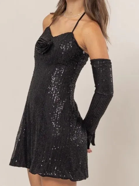 Sequin Rosette Halter Mini Dress.