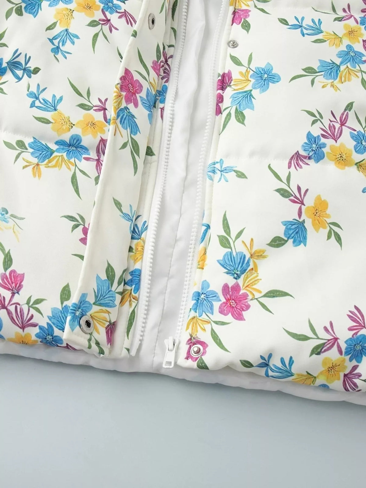 Floral print puffer jacket with stand collar