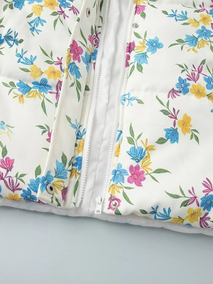 Floral print puffer jacket with stand collar