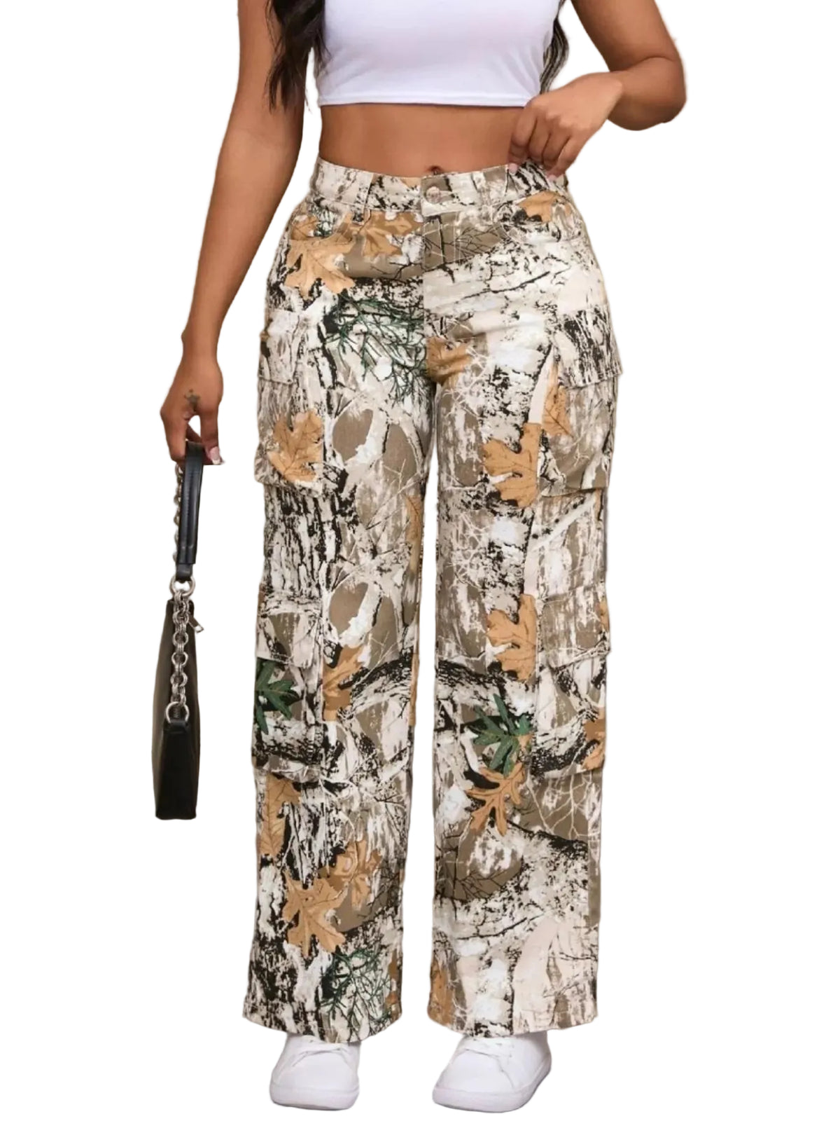 A person wearing high-waisted wide-leg cargo pants with a woodland camouflage pattern in beige, brown, green, and white, paired with a white crop top and white sneakers.