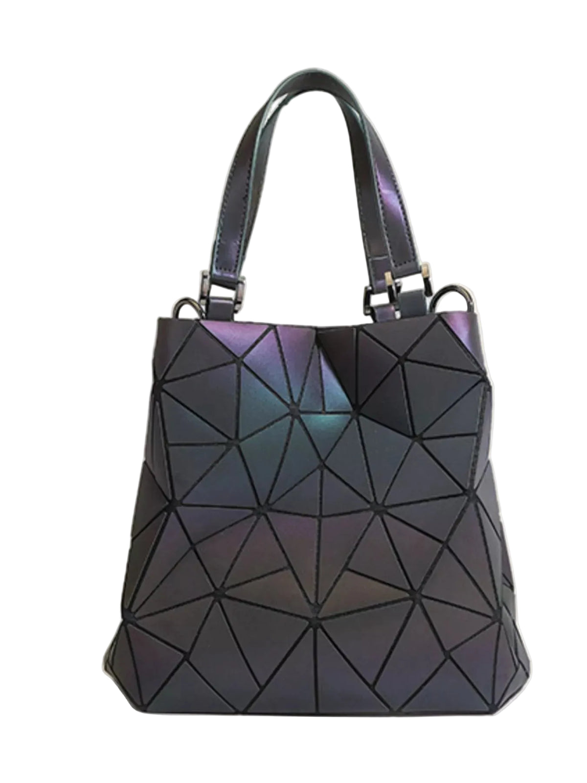 A geometric faceted handbag with an iridescent dark purple and blue finish, featuring dual top handles and silver-tone hardware, set against a plain beige background.
