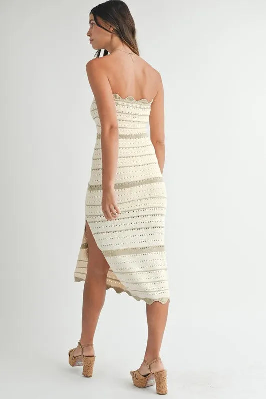 Contrast Striped Crochet Knit Midi Dress.