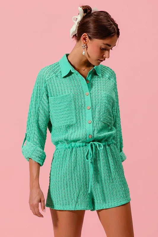 Textured Knit Button Front Romper.