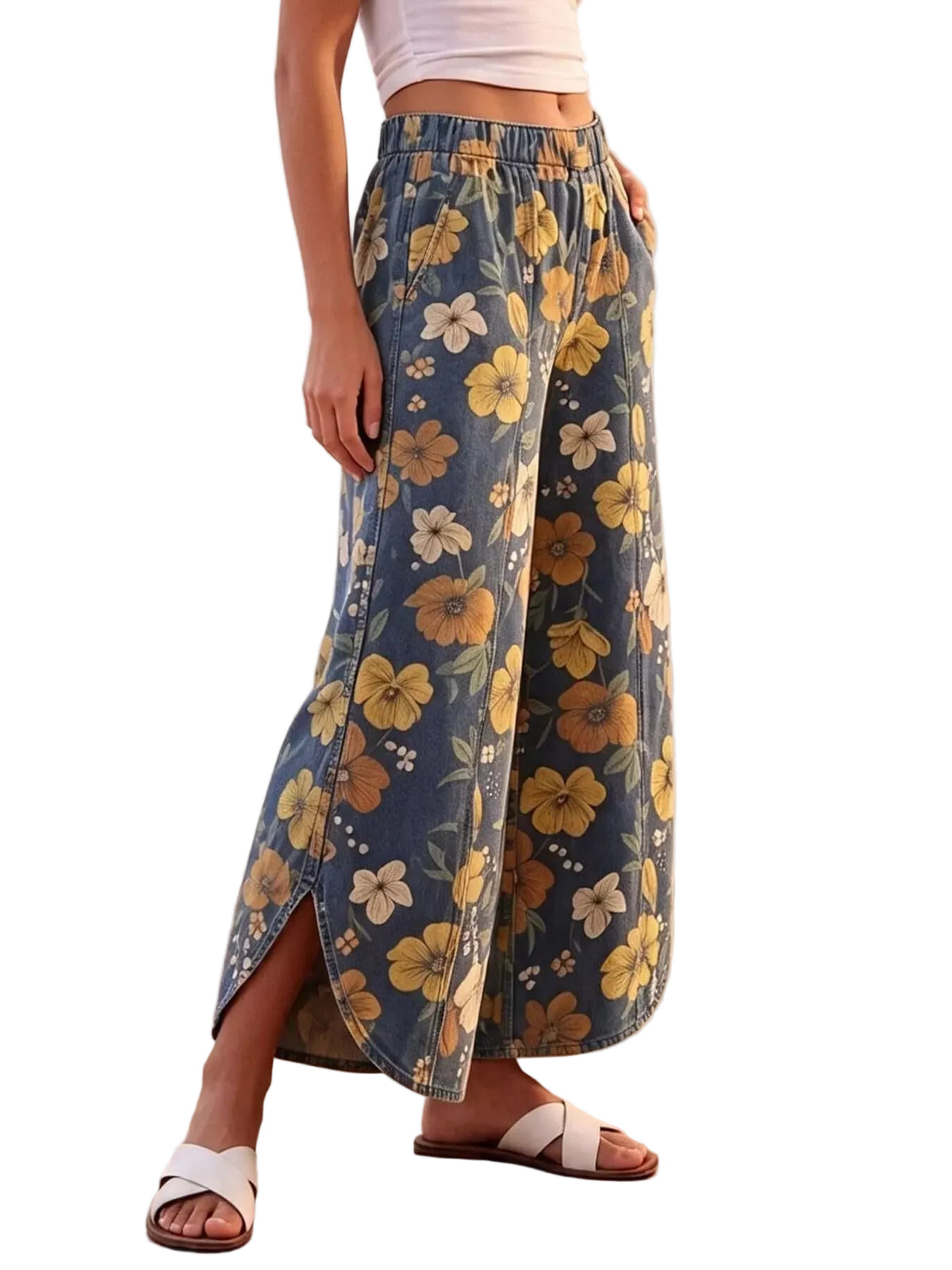 Floral print wide-leg jeans with elastic waist