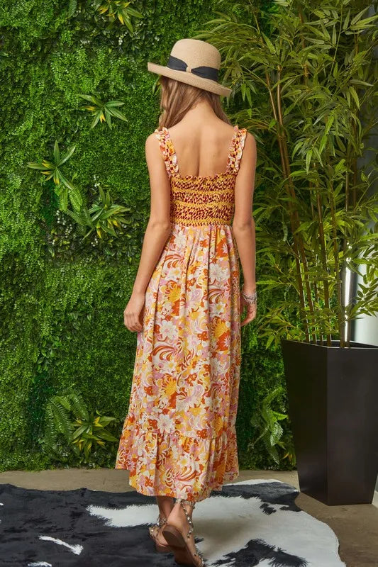Multi Smocked Bodice Geo Ruffle Strappy Midi Dress.