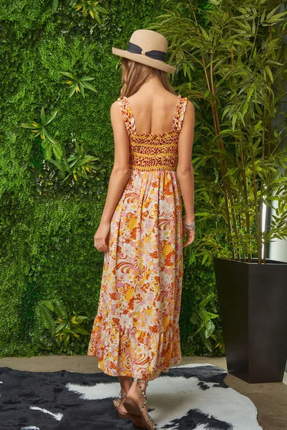 Multi Smocked Bodice Geo Ruffle Strappy Midi Dress.