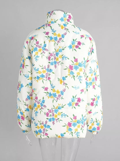 Floral print puffer jacket with stand collar