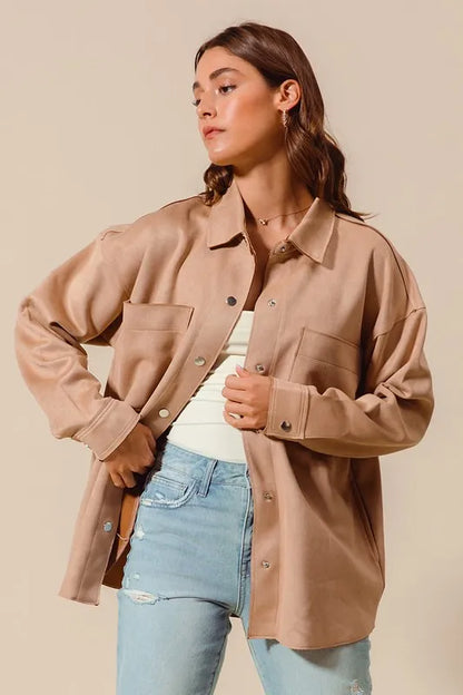 Suede Snap Shacket with Collar and Pockets.