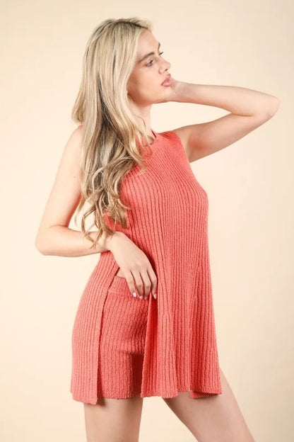 Slit Round Neck Top and Shorts Sweater Set.