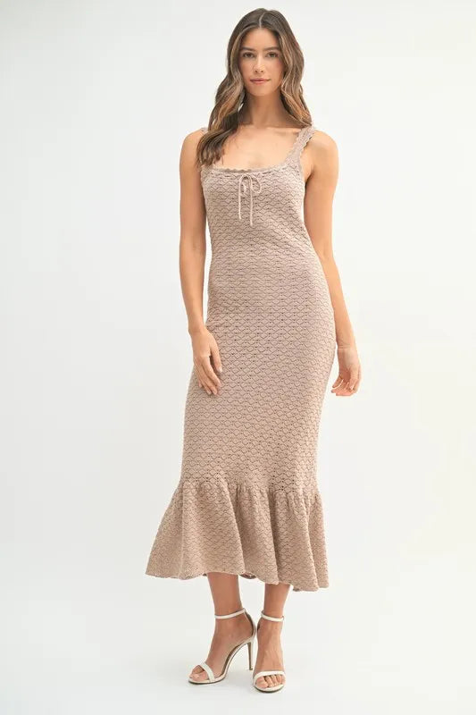 Ruffled Hem Sleeveless Crochet Knit Midi Dress.