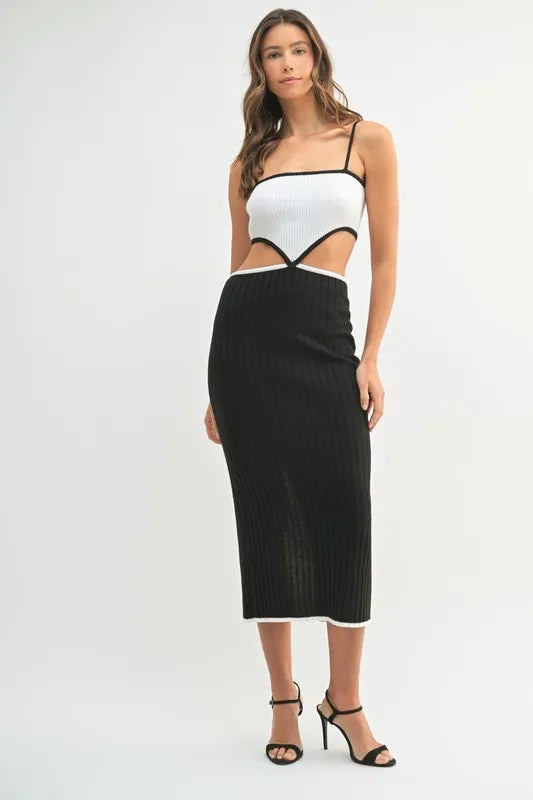 Ribbed Knit Color Block Cutout Midi Dress.