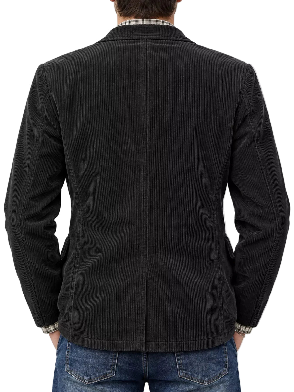 A man viewed from the back wearing a black corduroy blazer over a plaid shirt and blue jeans, against a plain white background.