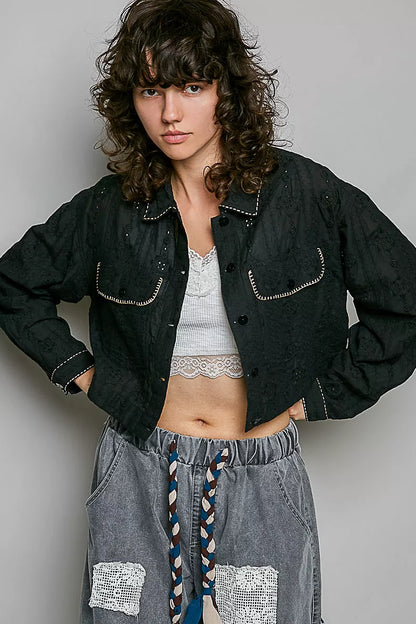 Cropped Button-Front Eyelet Cotton Jacket