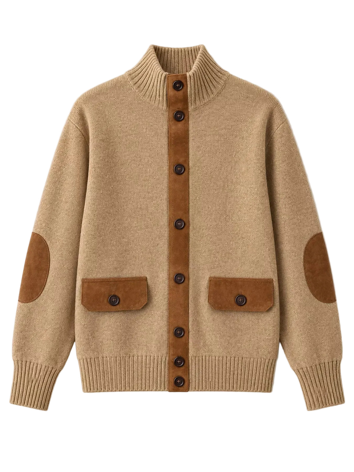 A beige knit cardigan sweater with brown suede-like trim, featuring a mock neck, dark brown buttons down the center, two front patch pockets, and elbow patches on the sleeves, shown against a plain light background.
