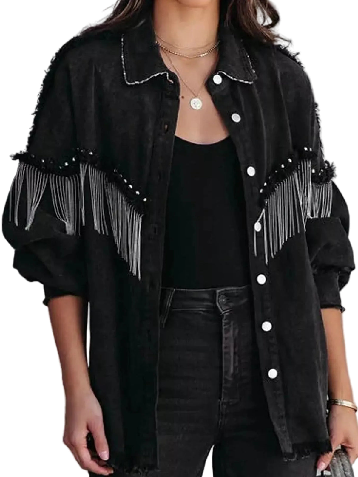 Fringe embellished washed denim jacket