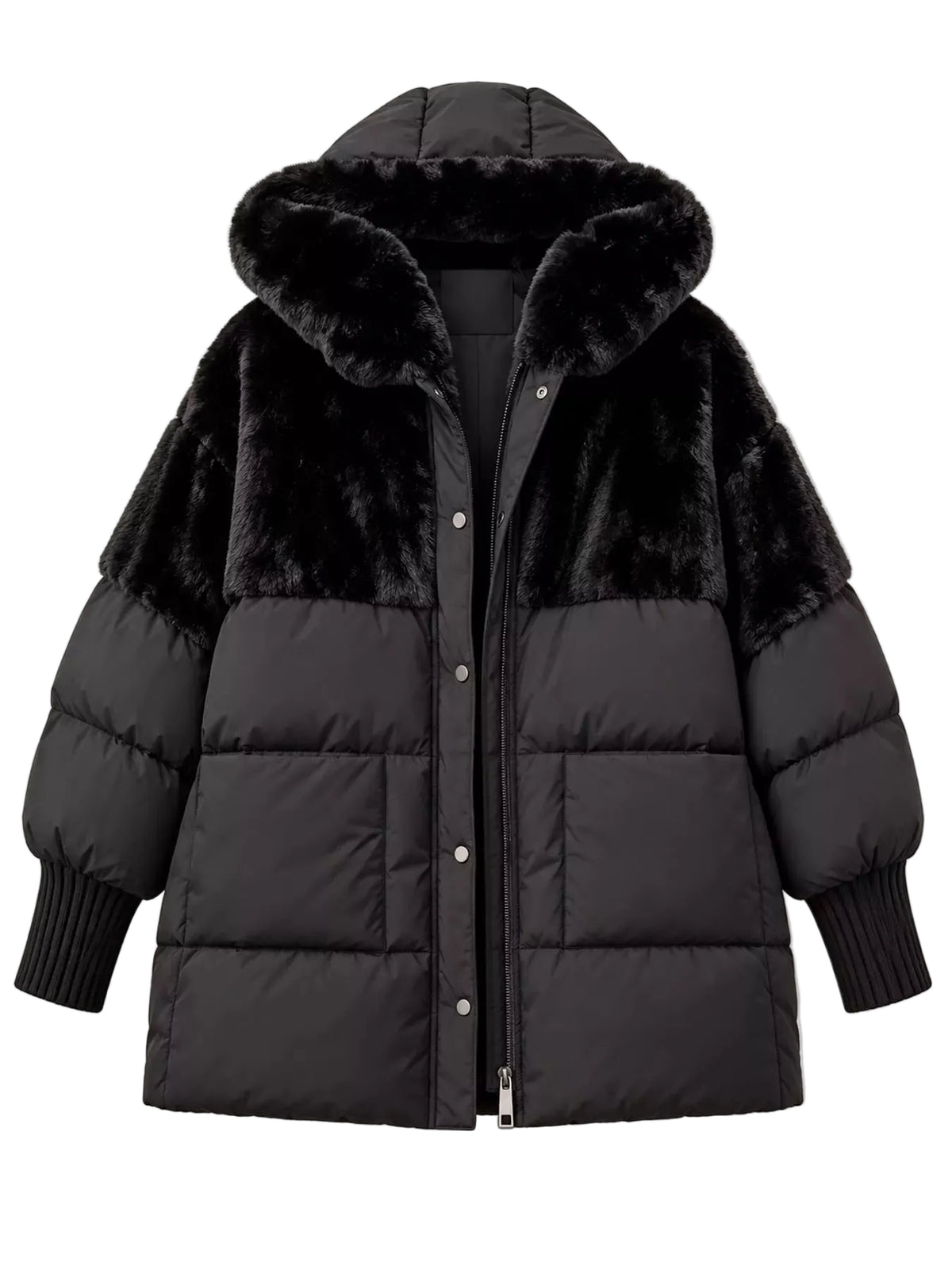 A black puffer jacket with a plush faux-fur hood and collar, featuring horizontal quilted stitching, ribbed knit cuffs, and a snap-button front closure, shown against a light gray background.