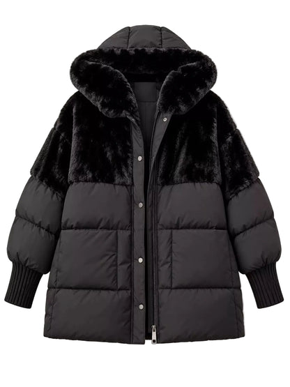 A black puffer jacket with a plush faux-fur hood and collar, featuring horizontal quilted stitching, ribbed knit cuffs, and a snap-button front closure, shown against a light gray background.