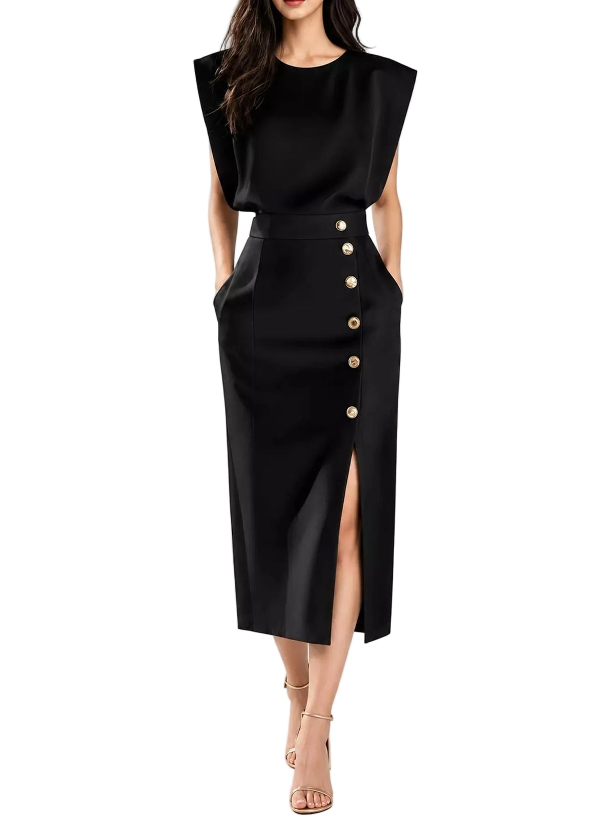 A woman models a black midi dress with a high-waisted design, cap sleeves, side pockets, and a vertical row of gold buttons down the front. She is wearing beige high-heeled sandals against a plain light gray studio background.