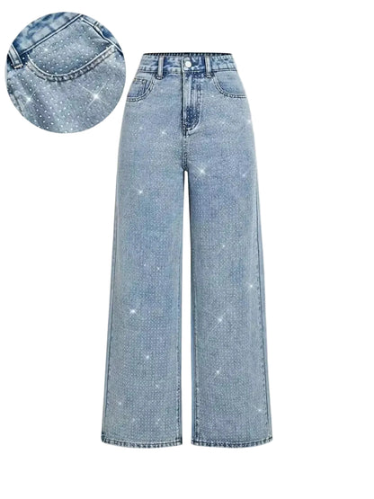Light blue wide-leg denim jeans with a sparkling star print overlay, shown on a light beige background with a circular close-up inset of the back pocket detailing.