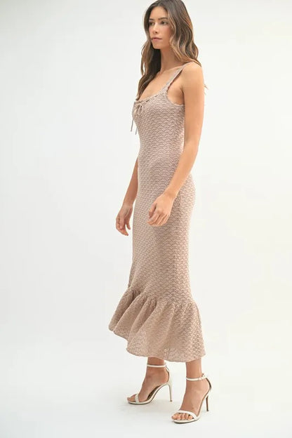 Ruffled Hem Sleeveless Crochet Knit Midi Dress.