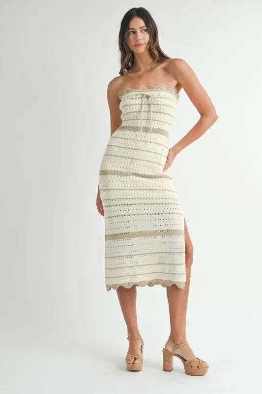 Contrast Striped Crochet Knit Midi Dress.