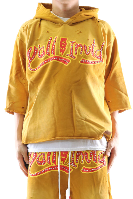 French Terry 3/4 Sleeve Crop Top Pullover Hoodie