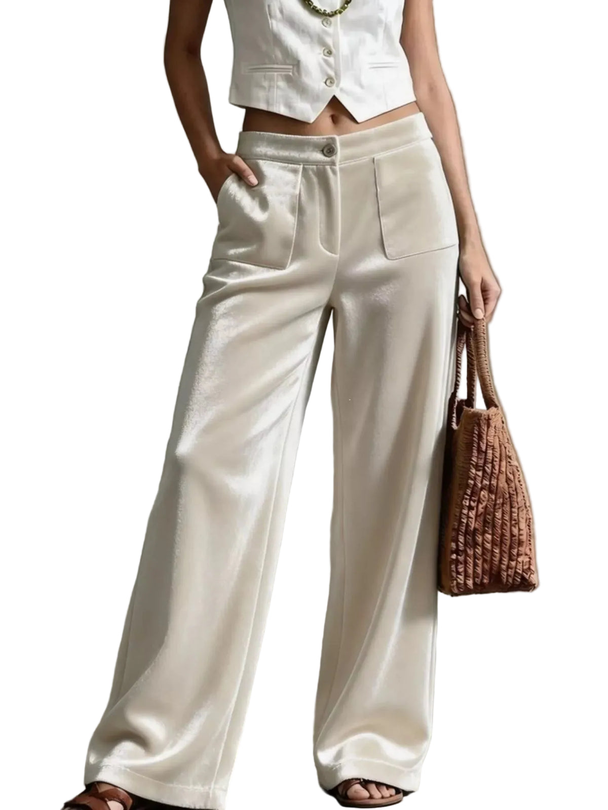 A model wearing high-waisted, wide-leg satin trousers in an off-white/cream color, styled with a matching white cropped vest, brown sandals, and a brown woven tote bag against a textured gray wall.