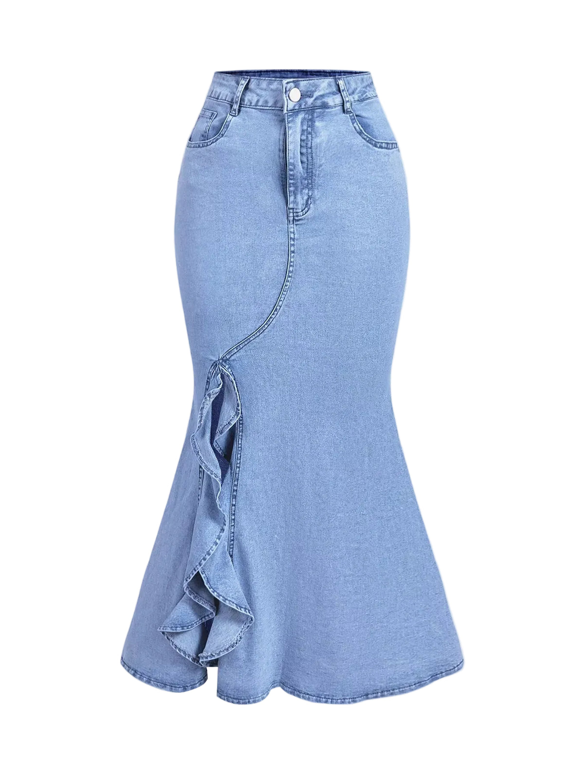 A light blue denim midi skirt with a ruffled side detail, shown against a solid light gray background.