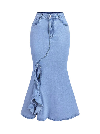 A light blue denim midi skirt with a ruffled side detail, shown against a solid light gray background.