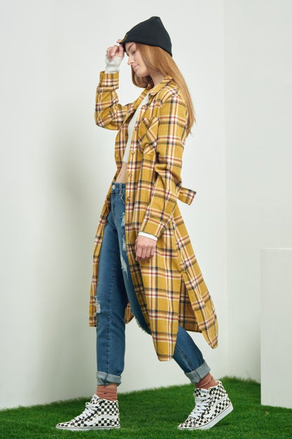 Plaid Print Collar Long Shirt Dress