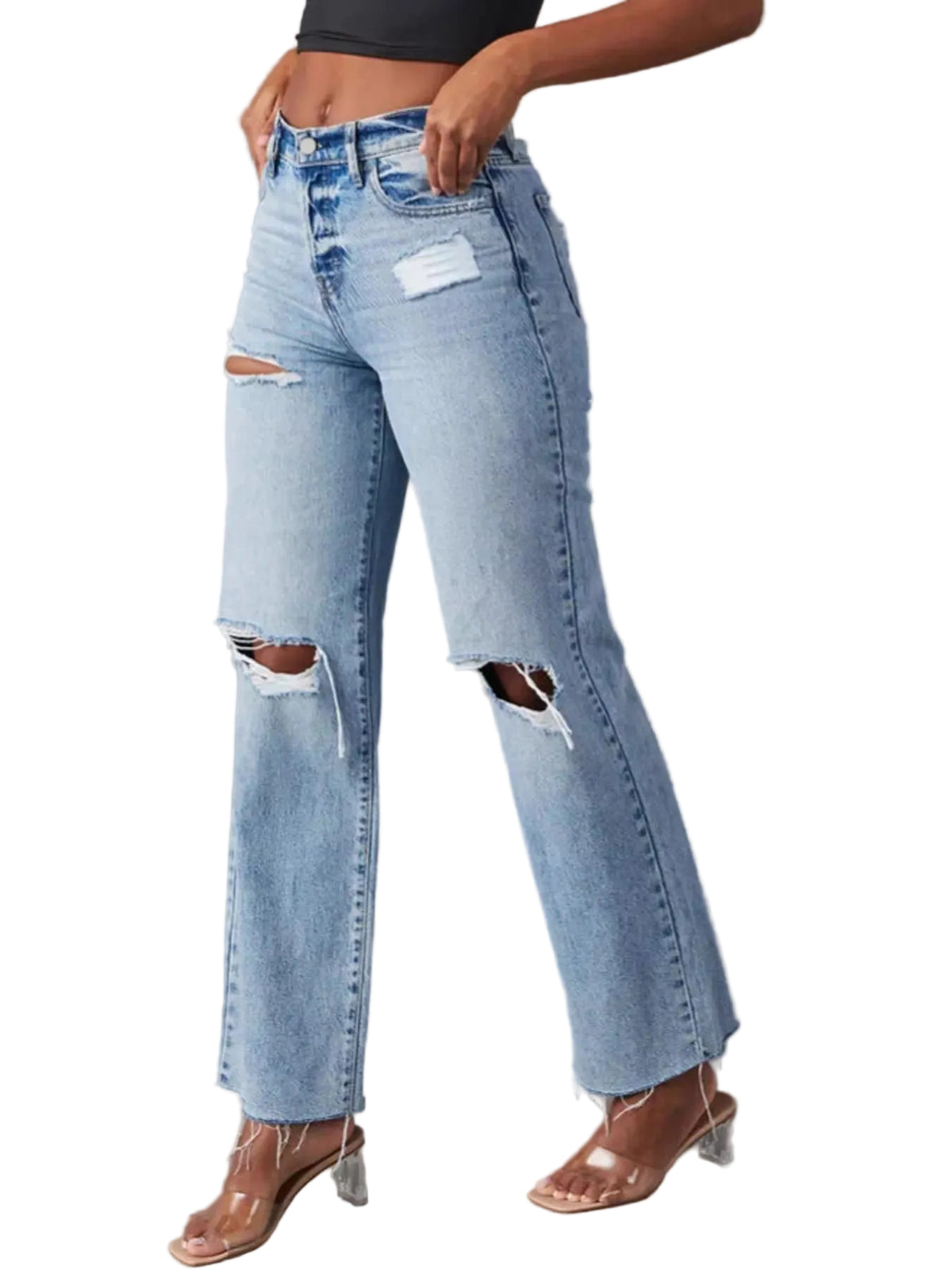 High-Waisted Distressed Jeans