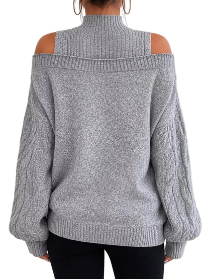 Cold Shoulder Mock Neck Cable Knit Sweater