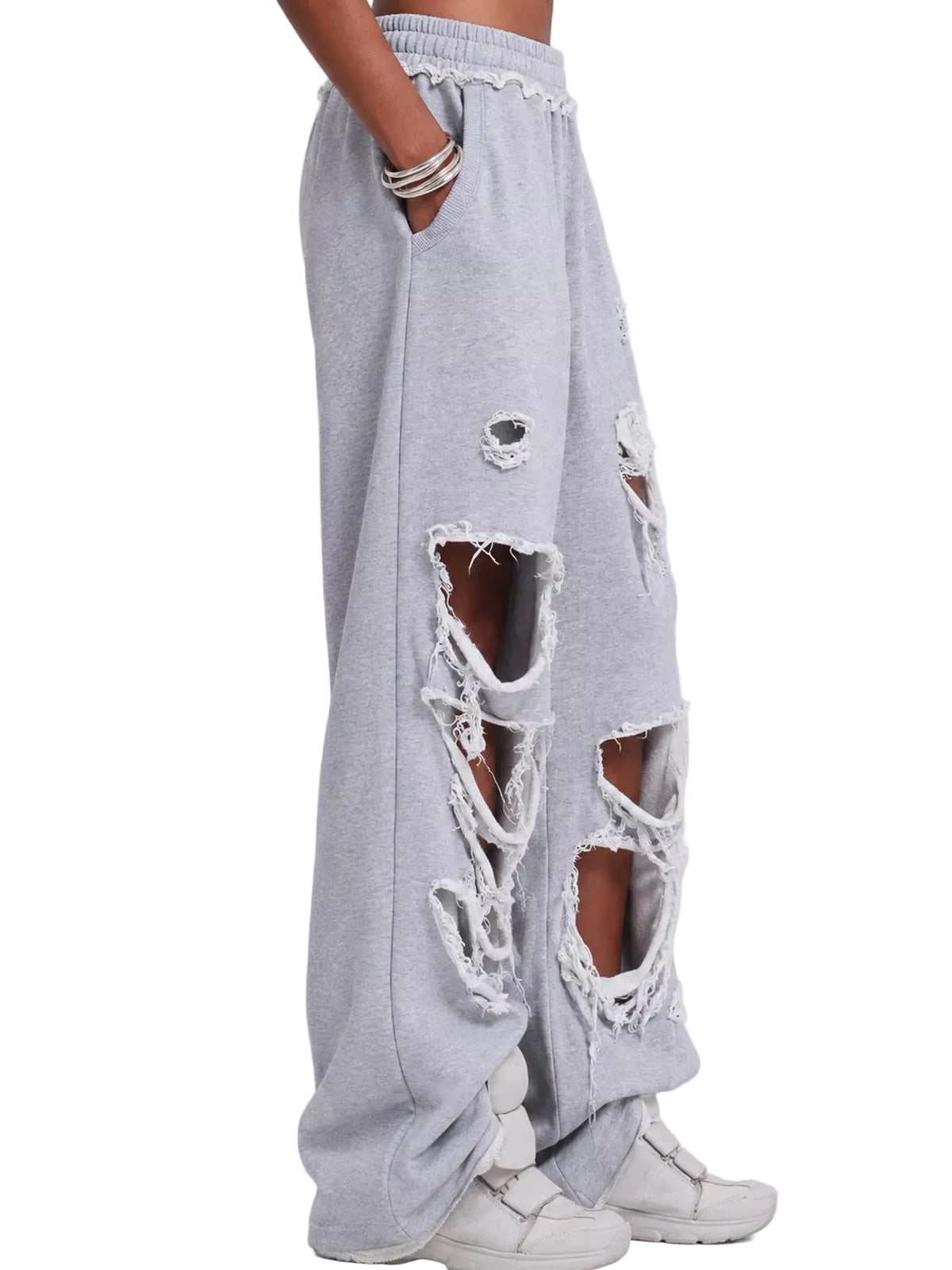 Distressed High-Waisted Wide-Leg Sweatpants