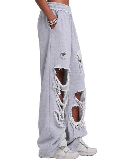 Distressed High-Waisted Wide-Leg Sweatpants