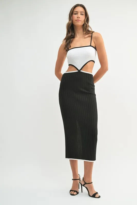 Ribbed Knit Color Block Cutout Midi Dress.