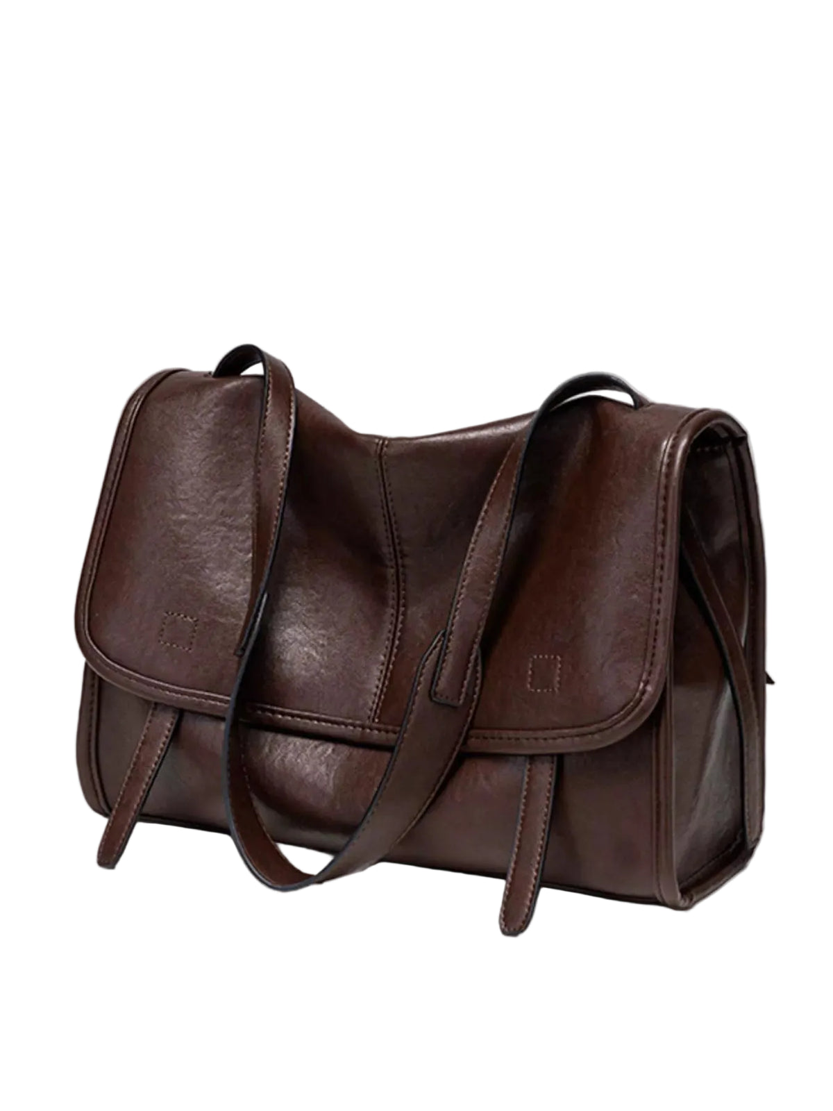 A dark brown leather shoulder bag with a flap front, long strap, and side pockets, photographed on a plain light gray background.